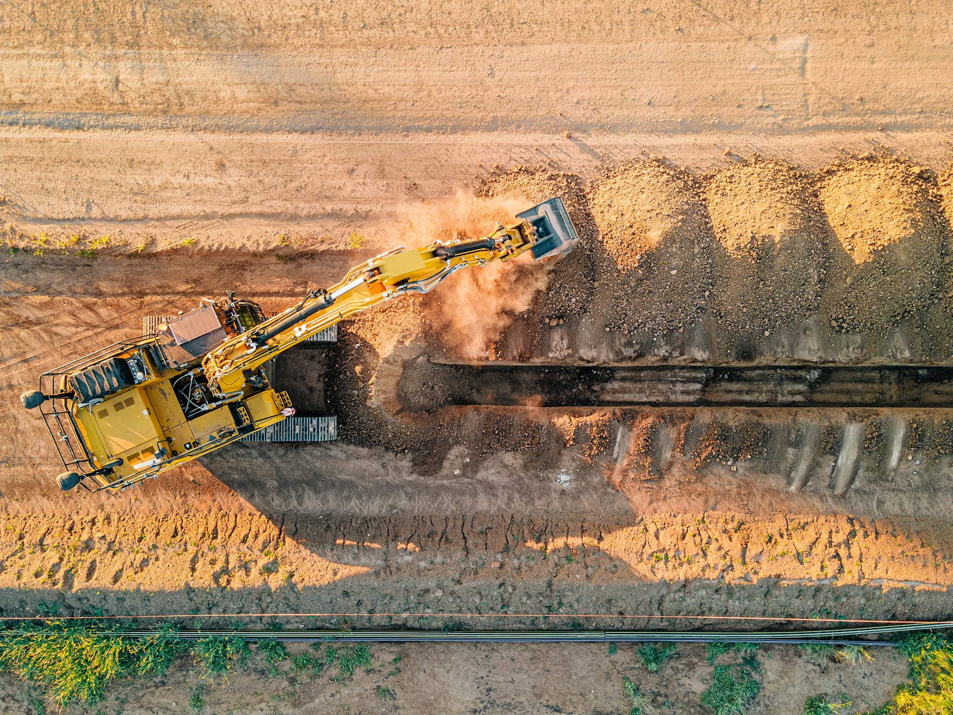 Aerial view of excavator on construction site
